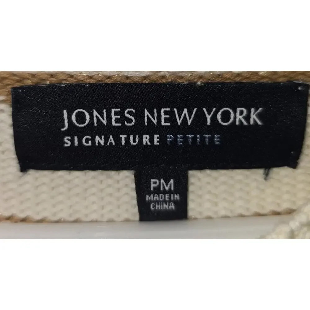 Jones New‎ York Cream Gold Striped Shiny Crew Neck Sweater Petite Medium